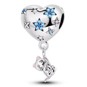 NWOT Little Kitty Cat With Heart Balloon Dangle Charm Sterling Silver 925